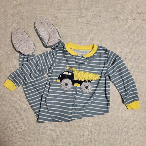 Carter's Zip Up Footled Pjs Pajamas Size 24M Stripes and Dump Truck - Picture 1 of 6